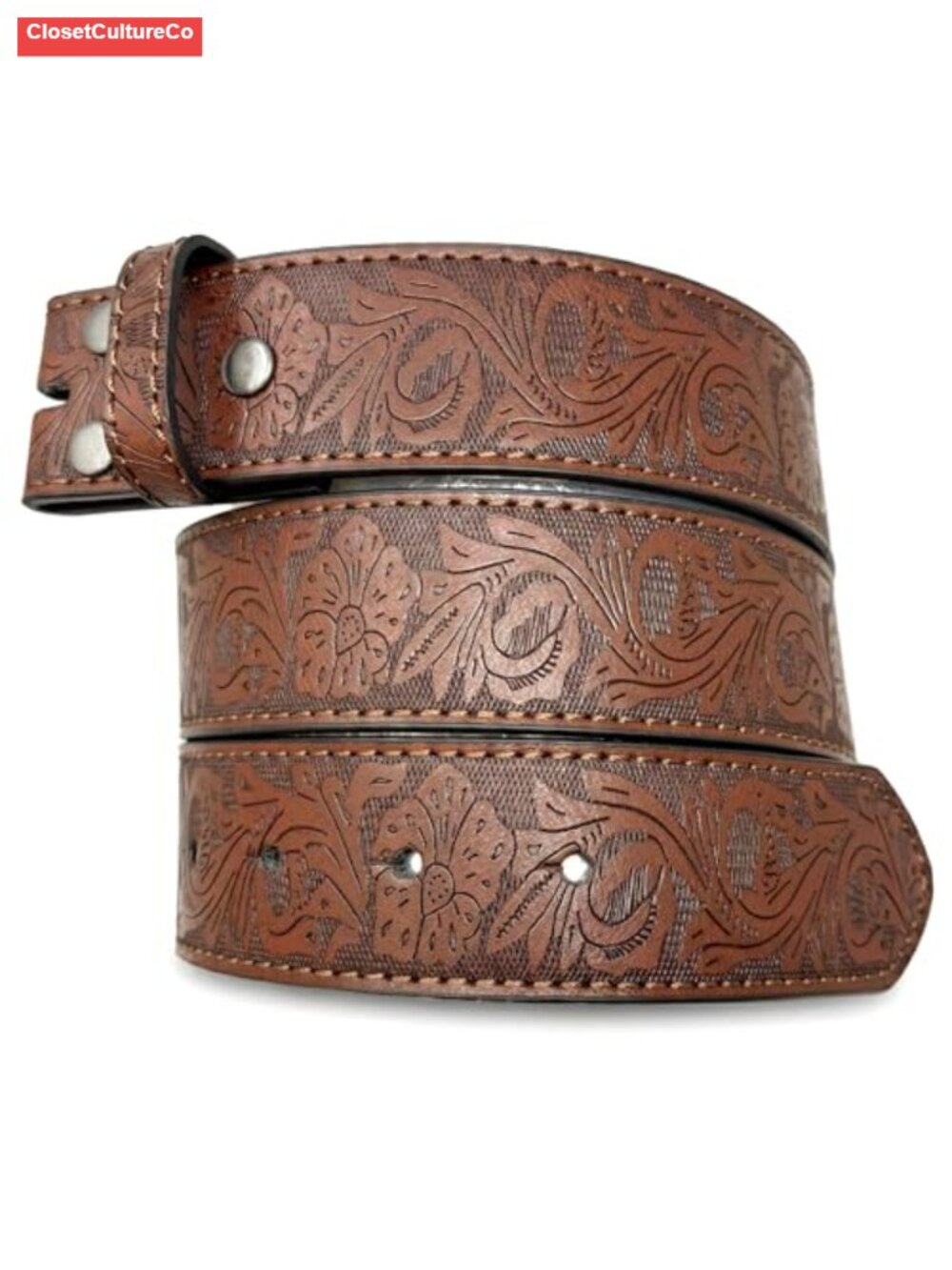 Womens Leather Western Belt Strap 1.5" Wide Embossed Flower Snap-On Buckle